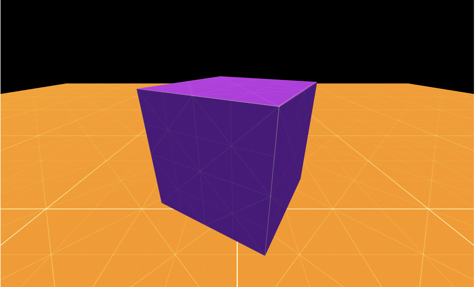 "Purple cube on orange floor with no shadows"