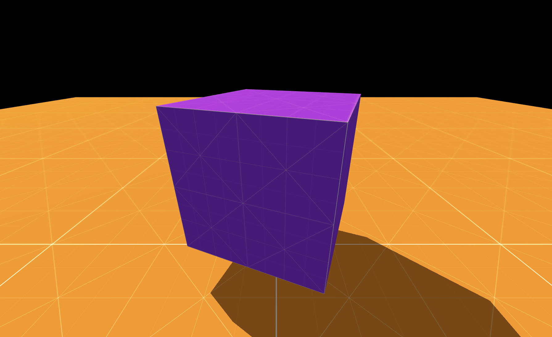 Purple rotating cube on orange floor with shadowas