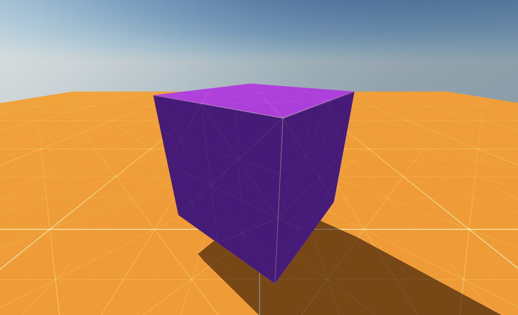 Rotating purple cube on orange floor with sky